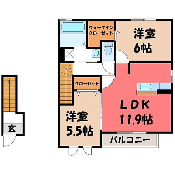 ティンカーベル B ｜栃木県宇都宮市西川田町(賃貸アパート2LDK・2階・60.95㎡)の写真 その2