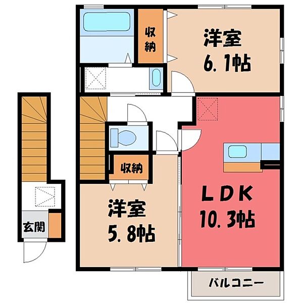 プランドールＳ Ｂ ｜栃木県鹿沼市貝島町(賃貸アパート2LDK・2階・57.80㎡)の写真 その2