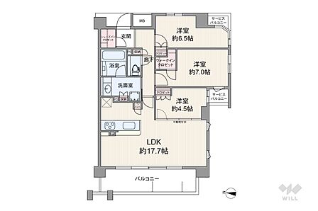 間取りは専有面積79.77平米の3LDK。バルコニー面積は12.02平米です。全居室がバルコニーに面しています!WICやSIC等収納力豊富!お気軽にお問い合わせください!