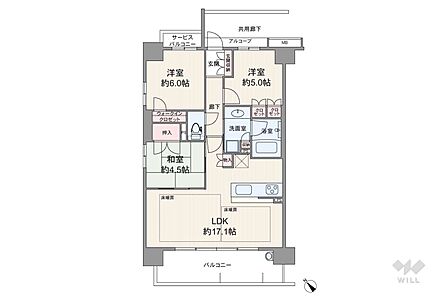 間取りは専有面積70.77平米の3LDK。家族が集うLDKは17.1帖の広さを確保！全居室に窓あり！各居室に収納もあり、居住空間をより広く確保できます！バルコニーにはスロップシンク有！