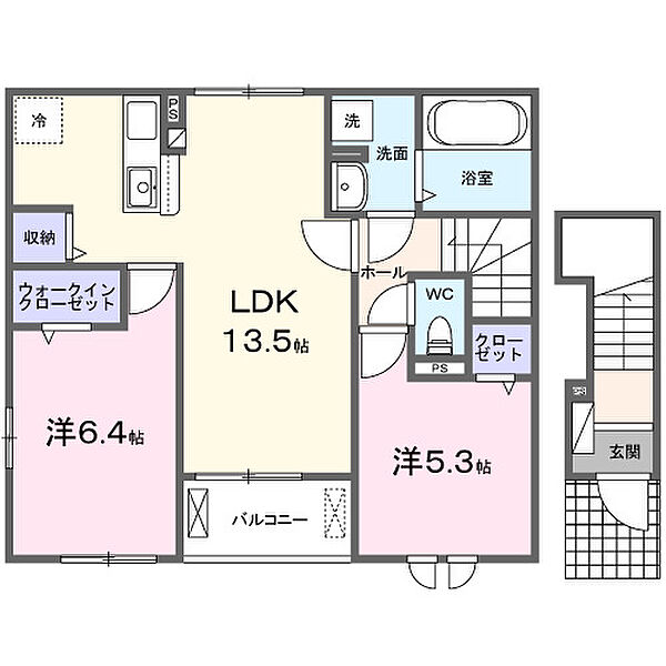 神奈川県伊勢原市上粕屋(賃貸アパート2LDK・2階・59.16㎡)の写真 その2