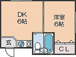 川瀬ビーンズハイツ 1DKの間取図画像