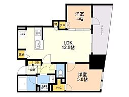 レーベン福岡天神ONETOWER 2LDKの間取図画像