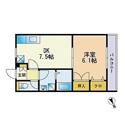 ヴァンベール西長住B 1DKの間取図画像