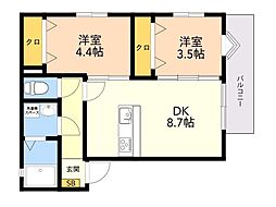 リテラス筑紫 3階2DKの間取り