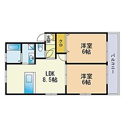 サザンハイツはかたB 2LDKの間取図画像