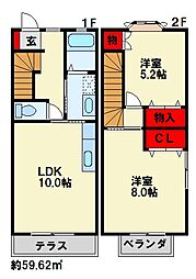 バレンシア南行橋　B棟 2階2LDKの間取り