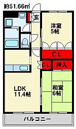 ピーチ・エクセラン 1階2LDKの間取り