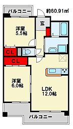 サンシティアヴァンテ 2LDKの間取図画像