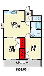 ソレイユ弐番館 2LDKの間取図画像
