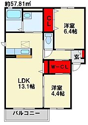 パストラーレ潤崎C 2LDKの間取図画像