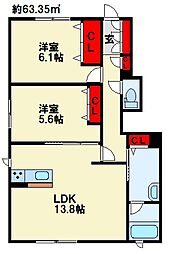 エメラルドタワーA 2LDKの間取図画像