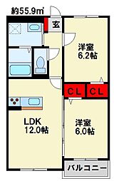 メリーパル小倉東 2LDKの間取図画像