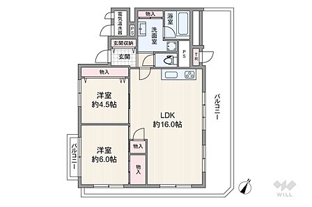 専有面積67.56平米の2LDK。洋室約4.5帖の引き戸を開けてLDKと繋げて使用することも出来ます。全居室・バルコニーに収納あり。複数方向に採光部があり、引き回しバルコニー面積は32.0平米です。