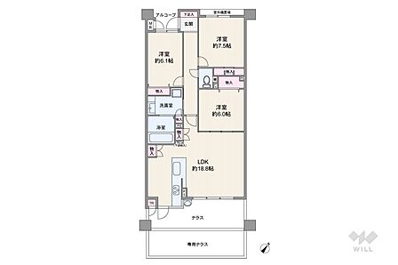 間取りは専有面積86.93平米の3LDK。アウトドアリビングとしても使える広々としたテラス付きのプラン。テラス総面積は25.31平米あり、テラス内にスロップシンクとトランクルームが設けられています。