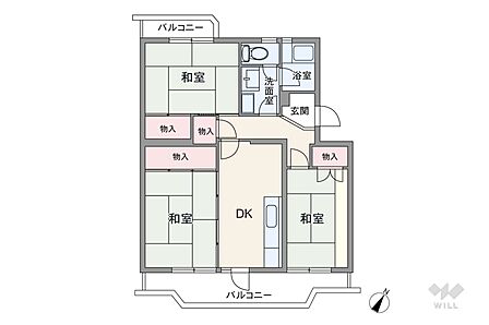 間取りは専有面積61.35平米の3DK。キュービックのプラン。複数方向に採光部があり、バルコニー面積は11.94平米です。