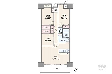 間取りは専有面積76.06平米の3LDK。バルコニー面積は9.15平米です。全面リフォーム予定。横長リビングプランで採光良好です。