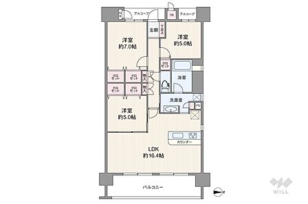 間取りは専有面積75.48平米の3LDK。LDK約16.4帖の横長リビングのプラン。バルコニー面積は13.4平米です。