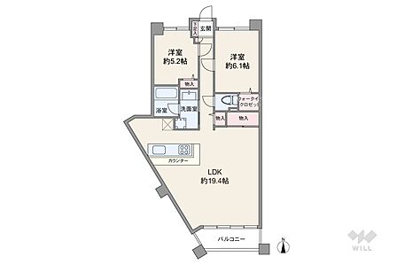間取りは専有面積70.12平米の2LDK。バルコニー面積は6.14平米です。