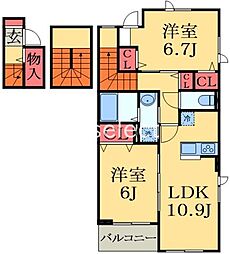 JR内房線 八幡宿駅 バス7分 山木入口下車 徒歩23分の賃貸アパート 3階2LDKの間取り