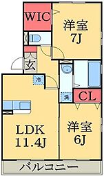 JR内房線 浜野駅 徒歩6分の賃貸アパート 3階2LDKの間取り