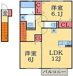 JR内房線 浜野駅 徒歩10分の賃貸アパート 2階2LDKの間取り