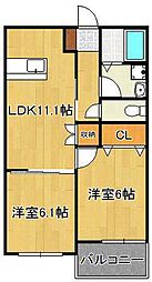 フルーリジェール緑ヶ丘 2LDKの間取図画像