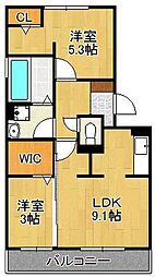 カーサ竪林 2LDKの間取図画像