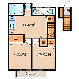 パインコート小平A 2階2DKの間取り