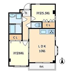 クレスコート国立 2階2LDKの間取り