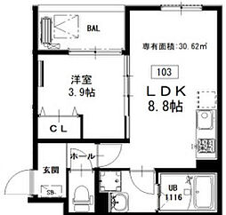 仮）東大阪大蓮東1丁目ＡＰ　Ａ棟 3階1LDKの間取り