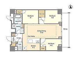 都営大江戸線 牛込柳町駅 徒歩5分の賃貸マンション 5階3LDKの間取り