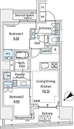 都営浅草線 東銀座駅 徒歩1分の賃貸マンション 5階2LDKの間取り