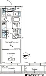 東京メトロ南北線 四ツ谷駅 徒歩8分の賃貸マンション 2階1DKの間取り
