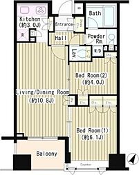 東京メトロ日比谷線 小伝馬町駅 徒歩3分の賃貸マンション 12階2LDKの間取り
