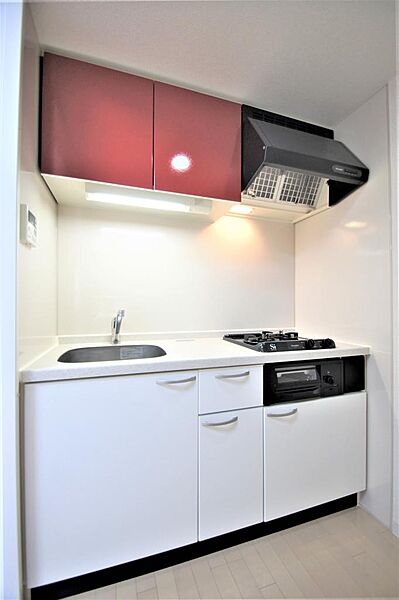 画像10:２口ガスコンロ付きシステムキッチン、後ろには冷蔵庫を設置するスペースもあります。