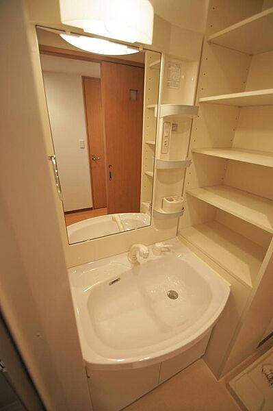 画像17:シャワー付洗面化粧台の横にはたっぷり収納可能な棚があります。