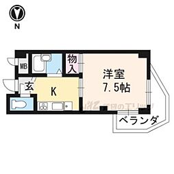 京都市営烏丸線 北大路駅 徒歩5分の賃貸マンション 2階1Kの間取り