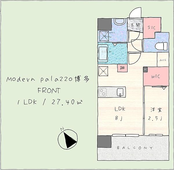 Modern palazzo博多FRONT 602｜福岡県福岡市博多区住吉5丁目(賃貸マンション1LDK・6階・27.40㎡)の写真 その2