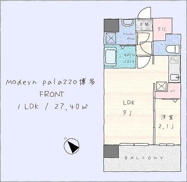 Modern palazzo博多FRONT 305｜福岡県福岡市博多区住吉5丁目(賃貸マンション1LDK・3階・27.40㎡)の写真 その2
