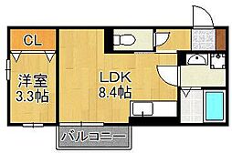 ヴェラ下富野 2階1LDKの間取り