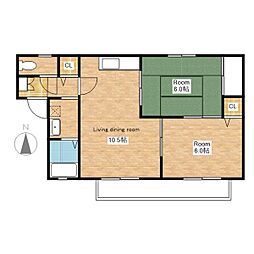 JR北陸本線 長浜駅 徒歩25分の賃貸アパート 1階2LDKの間取り