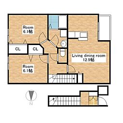 JR北陸本線 長浜駅 徒歩33分の賃貸アパート 2階2LDKの間取り