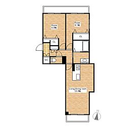 JR北陸本線 長浜駅 徒歩21分の賃貸マンション 2階2LDKの間取り
