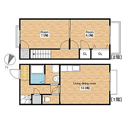 JR北陸本線 長浜駅 徒歩23分の賃貸テラスハウス 1階2LDKの間取り