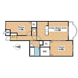 JR北陸本線 長浜駅 徒歩24分の賃貸マンション 2階2LDKの間取り
