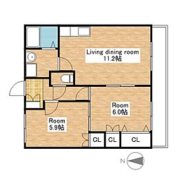 JR北陸本線 長浜駅 3.6kmの賃貸マンション 1階2LDKの間取り