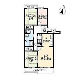 UR都市機構パークタウン若宮2号棟 3LDKの間取図画像