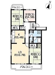 UR都市機構かわつるグリーンタウン新鶴1号棟 3LDKの間取図画像