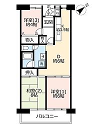 UR都市機構所沢パークタウン駅前プラザ1号棟 3DKの間取図画像